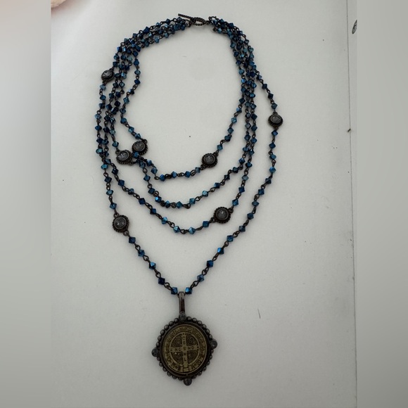 Virgins Saints & Angels Navy Blue and Gunmetal San Benito Medallion Necklace - Picture 2 of 7